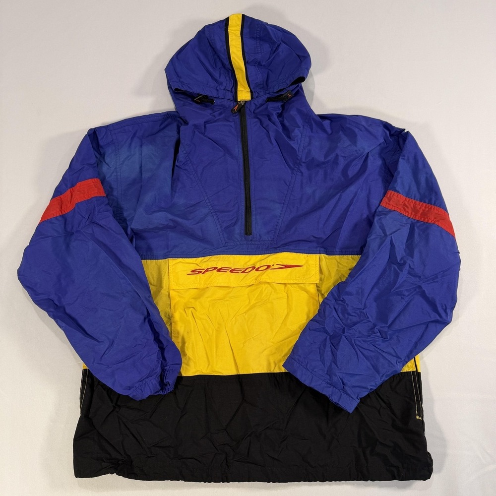 Vintage Speedo Jacket Mens Medium Blue Yellow Colorblock Hooded Windbreaker 90s‎